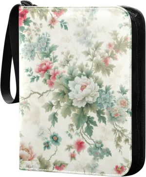 Elegant Peony Flowers Card Binder 4 Pocket Trading Card Album Fits 400 Sports/Game Cards, PU Cover 3 Ring Card Collection with 50 Removable Sleeves