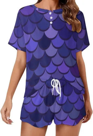 Elegant Squama Lilac Summer Two Piece Women's Lounge Short Sleeves Sleepwear Set with Pockets