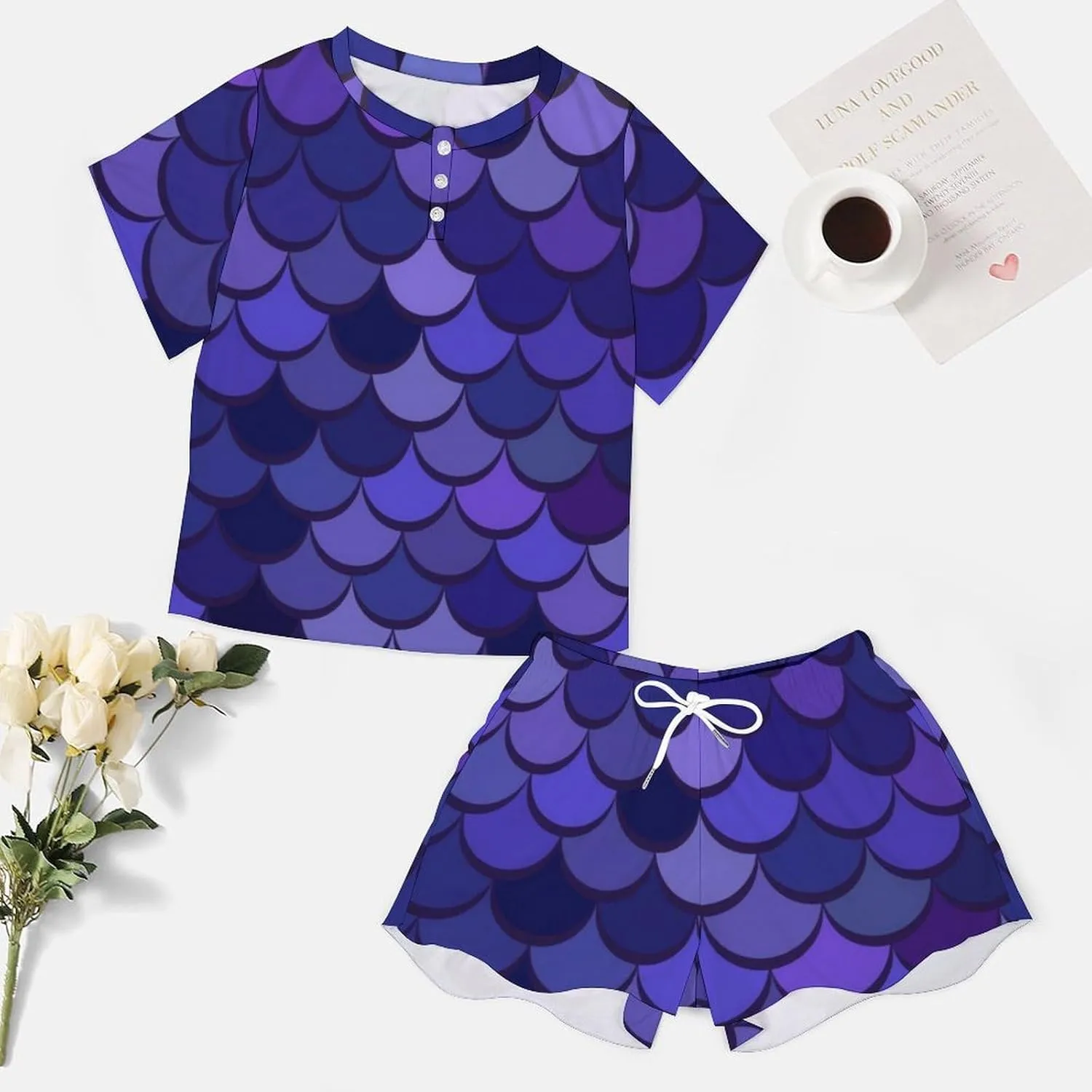 Elegant Squama Lilac Summer Two Piece Women's Lounge Short Sleeves Sleepwear Set with Pockets