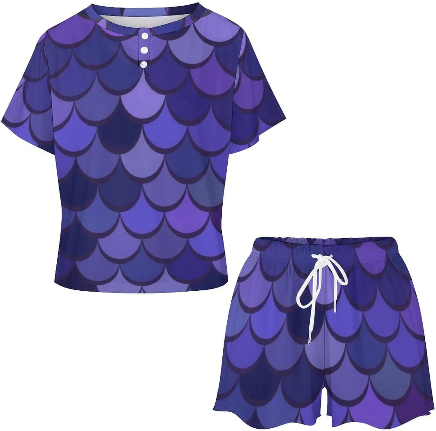 Elegant Squama Lilac Summer Two Piece Women's Lounge Short Sleeves Sleepwear Set with Pockets