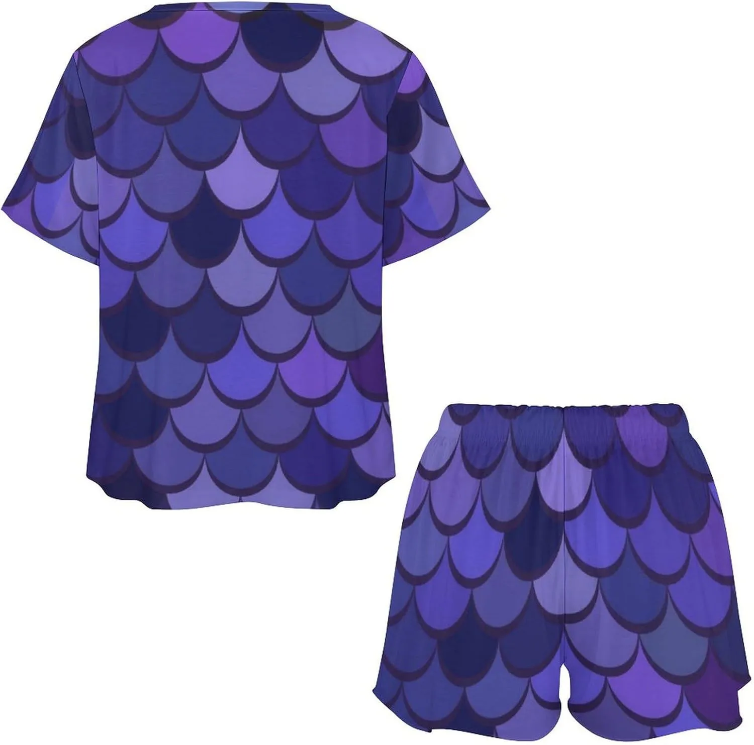 Elegant Squama Lilac Summer Two Piece Women's Lounge Short Sleeves Sleepwear Set with Pockets