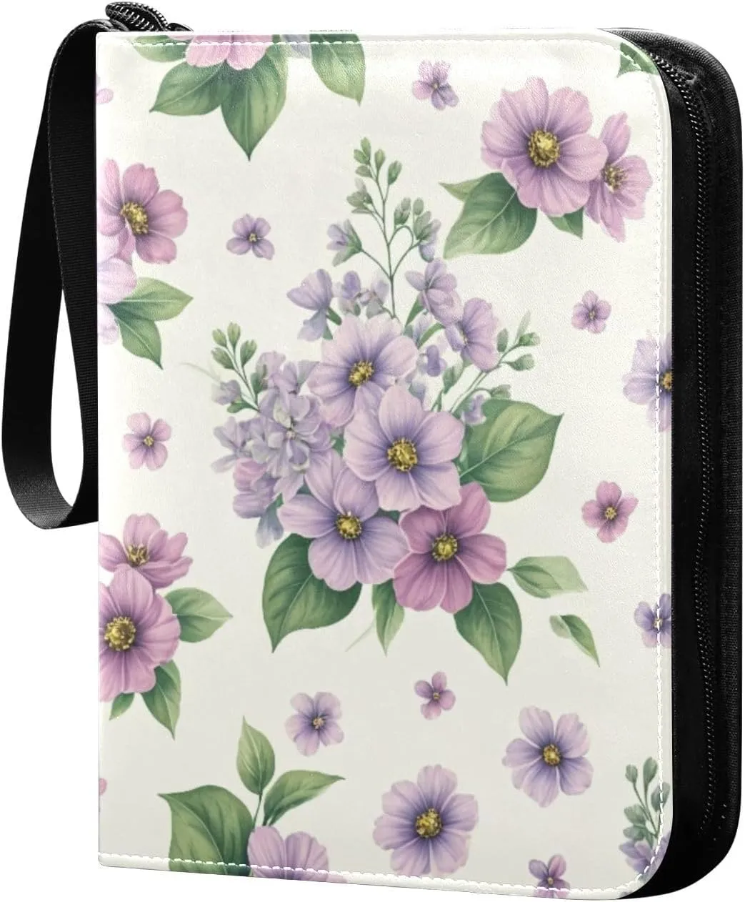 Elegant Violet Flowers Card Binder 4 Pocket Trading Card Album Fits 400 Sports/Game Cards, PU Cover 3 Ring Card Collection with 50 Removable Sleeves