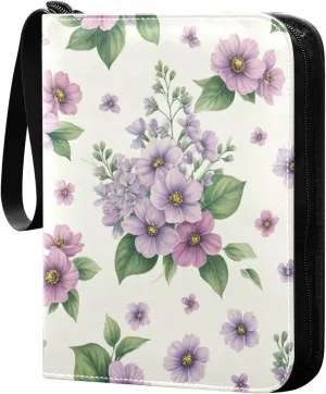 Elegant Violet Flowers Card Binder 4 Pocket Trading Card Album Fits 400 Sports/Game Cards, PU Cover 3 Ring Card Collection with 50 Removable Sleeves