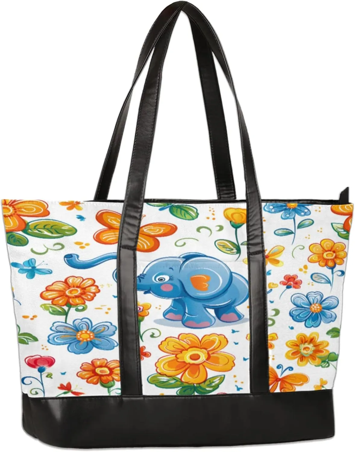 Elephant Butterfly Flower Laptop Tote Bag for Women Lightweight Work Purse with Multiple Compartments Fits 13-15.6 Inch Laptop Tablet Shoulder Bag for Office Travel Daily Use