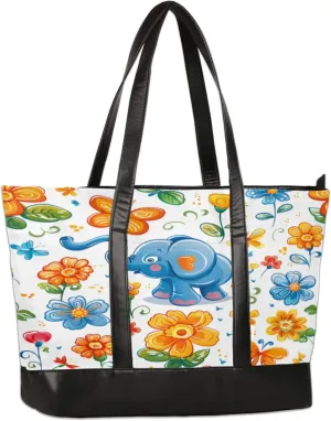 Elephant Butterfly Flower Laptop Tote Bag for Women Lightweight Work Purse with Multiple Compartments Fits 13-15.6 Inch Laptop Tablet Shoulder Bag for Office Travel Daily Use