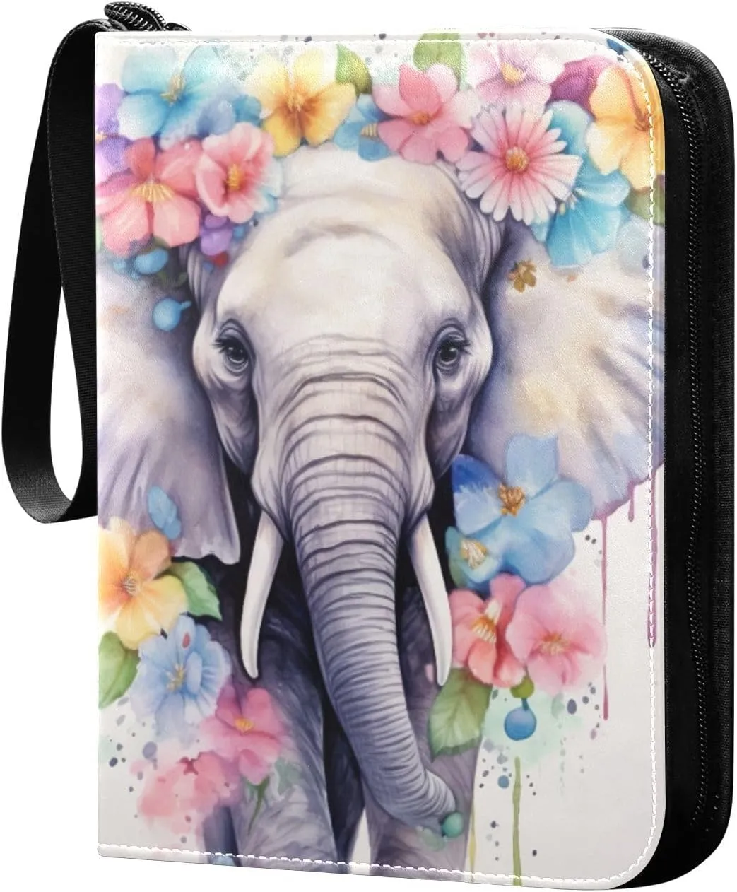 Elephant Painted Card Binder 4-Pockets, 400 Pockets Card Holder with 50 Removable Sleeves, Trading Card Collector Zipper Album Holder, Collector Album