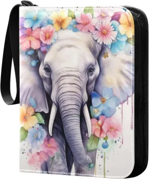 Elephant Painted Card Binder 4-Pockets, 400 Pockets Card Holder with 50 Removable Sleeves, Trading Card Collector Zipper Album Holder, Collector Album