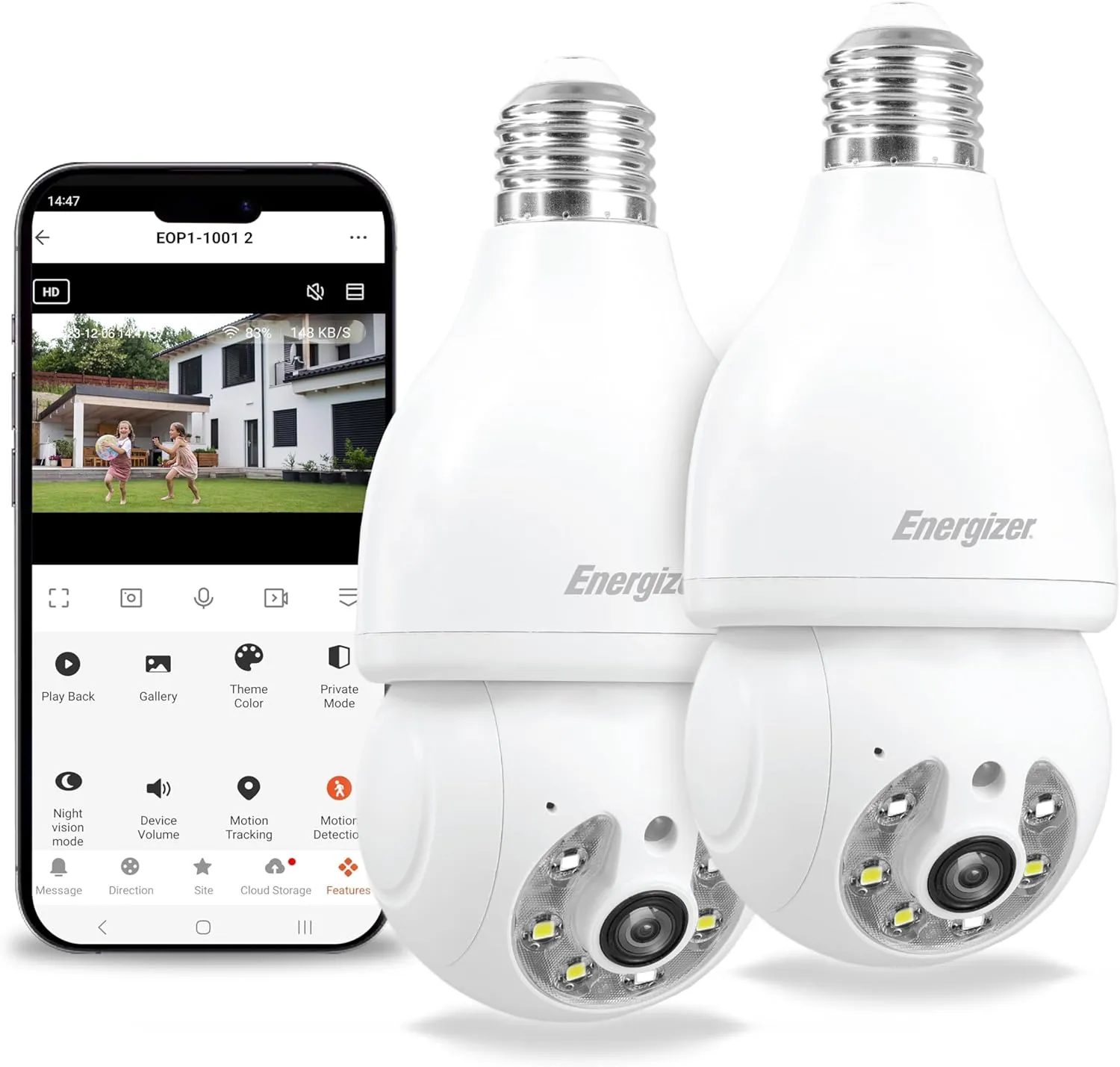 Energizer Smart Light Bulb 2K Security Camera 2-Pack, Outdoor Socket Camera, Auto Tracking, Pan & Tilt, Night Vision, 2-Way Audio, Instant Alerts, 2.4GHz Wi-Fi, Works with Google Home & Alexa