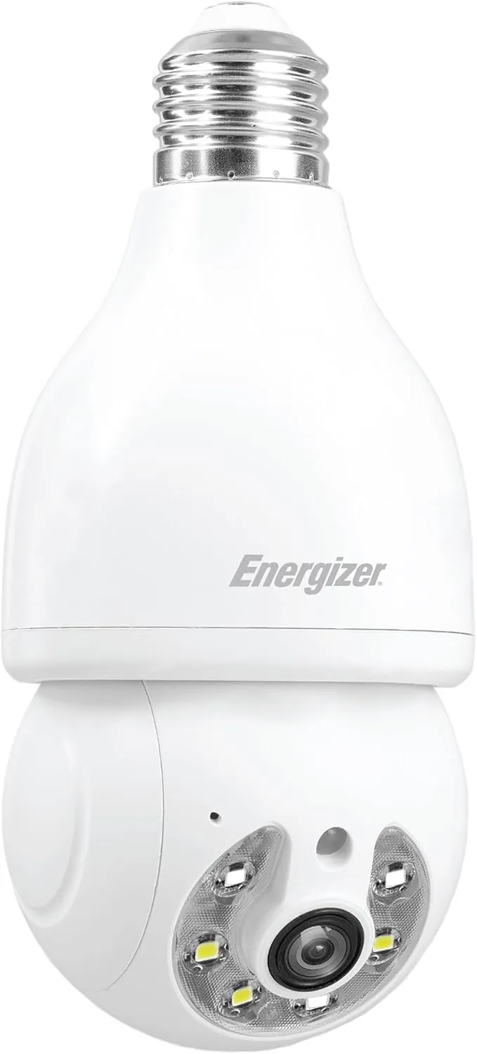Energizer Smart Light Bulb 2K Security Camera 2-Pack, Outdoor Socket Camera, Auto Tracking, Pan & Tilt, Night Vision, 2-Way Audio, Instant Alerts, 2.4GHz Wi-Fi, Works with Google Home & Alexa