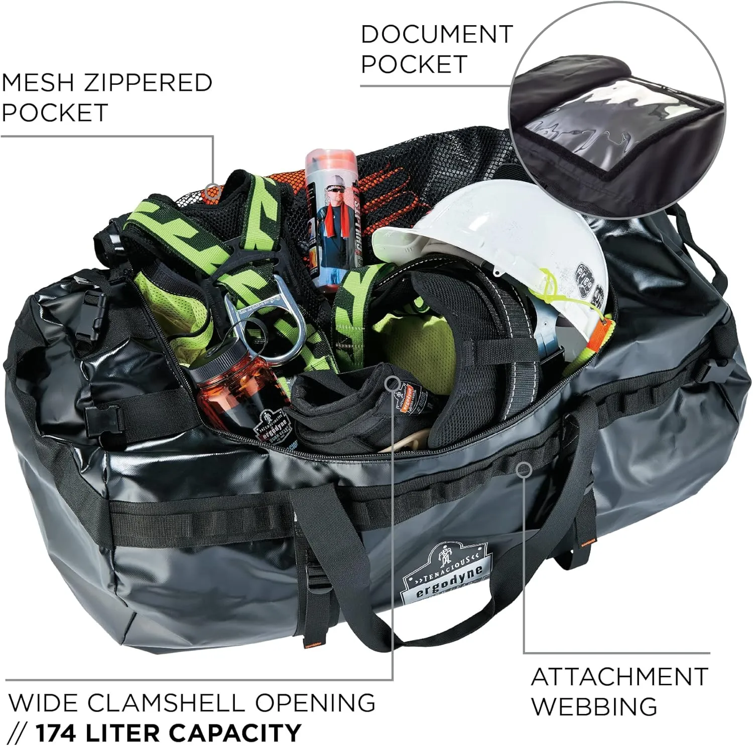 Ergodyne Arsenal 5030L Large Tarpaulin Water Resistant Duffel Bag w/ Removable Shoulder Straps,Black