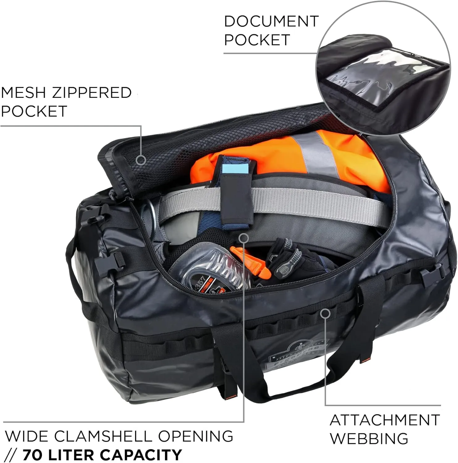 Ergodyne Arsenal 5030S Small Tarpaulin Water Resistant Duffel Bag w/ Removable Shoulder Straps , Black