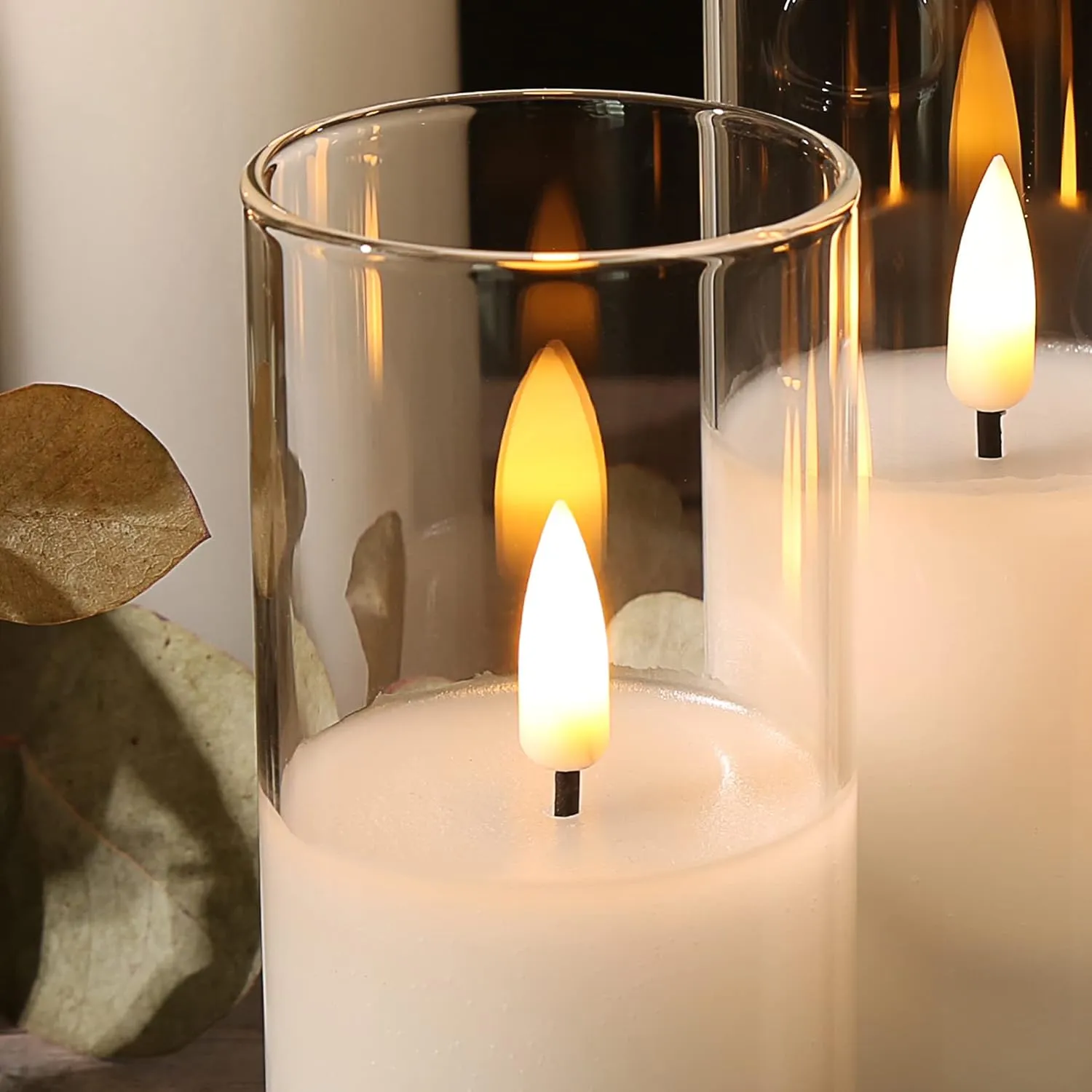 Eywamage 5 Pack Clear Glass Flameless Candles with Remote, Flickering Slim Tall LED Pillar Votive Candles Battery Included
