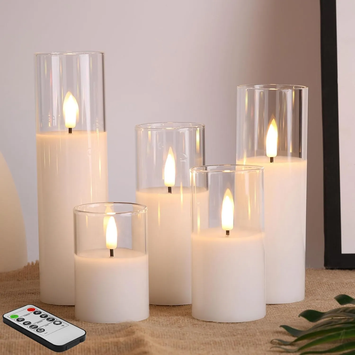 Eywamage 5 Pack Clear Glass Flameless Candles with Remote, Flickering Slim Tall LED Pillar Votive Candles Battery Included