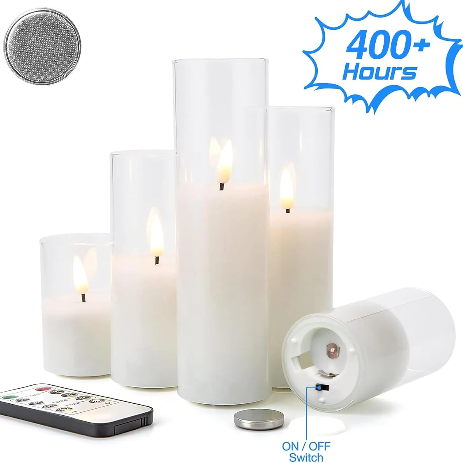 Eywamage 5 Pack Clear Glass Flameless Candles with Remote, Flickering Slim Tall LED Pillar Votive Candles Battery Included