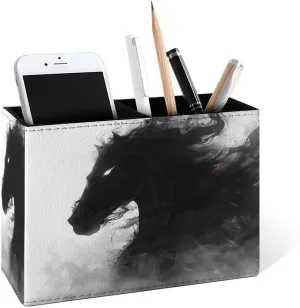 Famame Black Warhorse Pencil Holder for Desk, Leather Desktop Container Pen Cup Storage Study Table Pen Organizer Makeup Brush Holder for Classroom Office Home