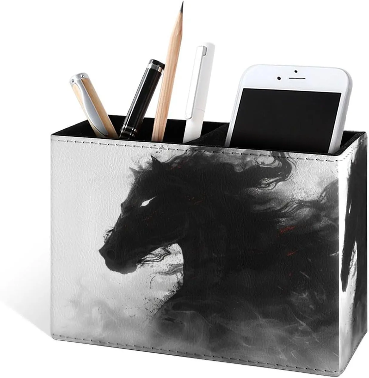 Famame Black Warhorse Pencil Holder for Desk, Leather Desktop Container Pen Cup Storage Study Table Pen Organizer Makeup Brush Holder for Classroom Office Home