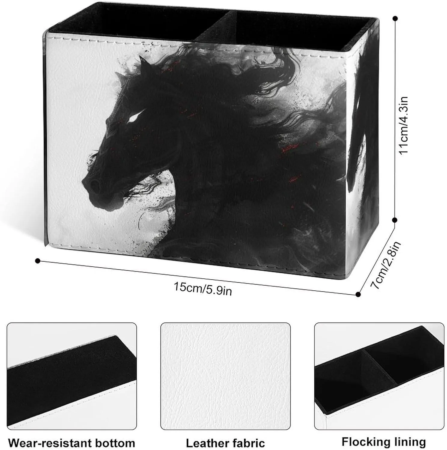 Famame Black Warhorse Pencil Holder for Desk, Leather Desktop Container Pen Cup Storage Study Table Pen Organizer Makeup Brush Holder for Classroom Office Home