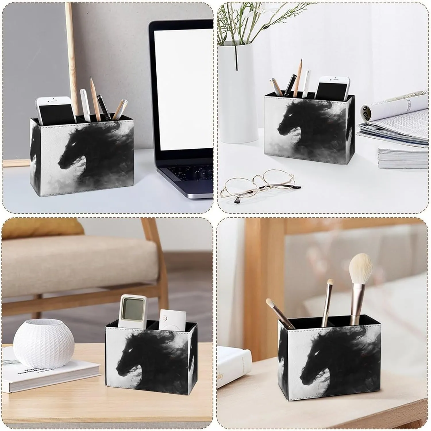 Famame Black Warhorse Pencil Holder for Desk, Leather Desktop Container Pen Cup Storage Study Table Pen Organizer Makeup Brush Holder for Classroom Office Home