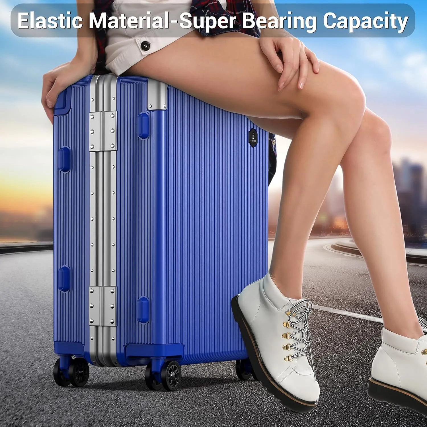 Fashion Carry-on Luggage 20 inch, Wide Handle Pull Rod Airline Approved Aluminum Framed Travel Suitcase, Graceful Lines Design You’ll Be the Focus in a Second. (02-KleinBlue)
