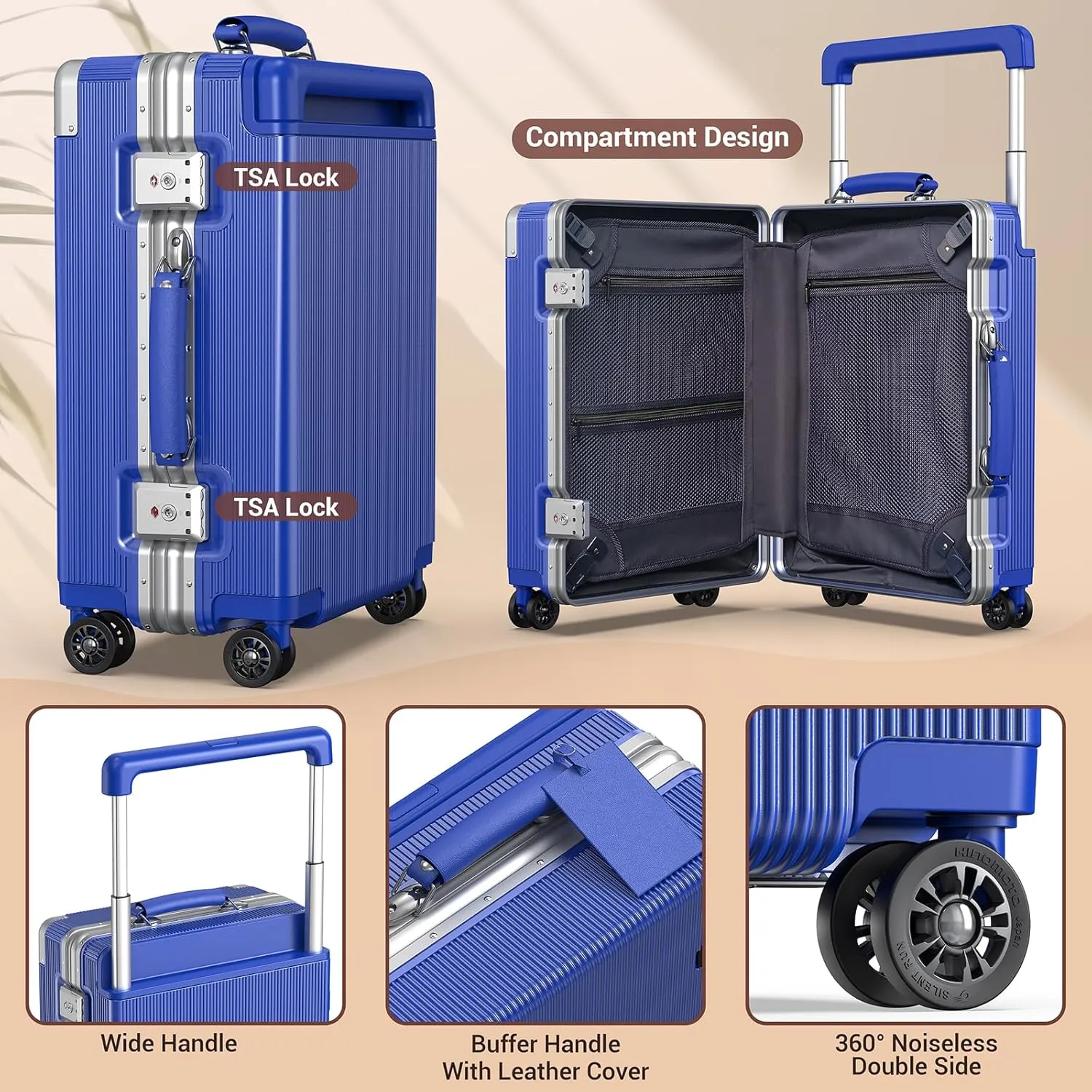 Fashion Carry-on Luggage 20 inch, Wide Handle Pull Rod Airline Approved Aluminum Framed Travel Suitcase, Graceful Lines Design You’ll Be the Focus in a Second. (02-KleinBlue)