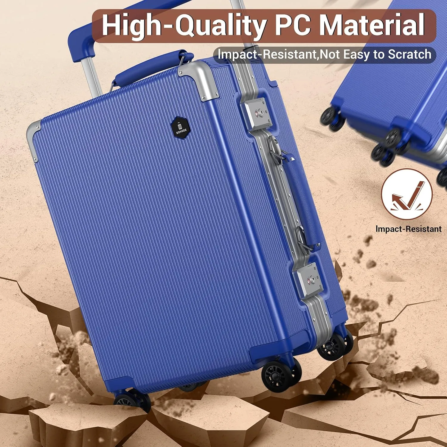 Fashion Carry-on Luggage 20 inch, Wide Handle Pull Rod Airline Approved Aluminum Framed Travel Suitcase, Graceful Lines Design You’ll Be the Focus in a Second. (02-KleinBlue)