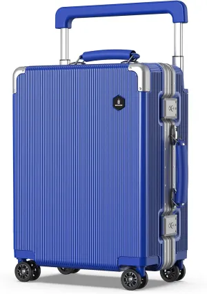 Fashion Carry-on Luggage 20 inch, Wide Handle Pull Rod Airline Approved Aluminum Framed Travel Suitcase, Graceful Lines Design You’ll Be the Focus in a Second. (02-KleinBlue)
