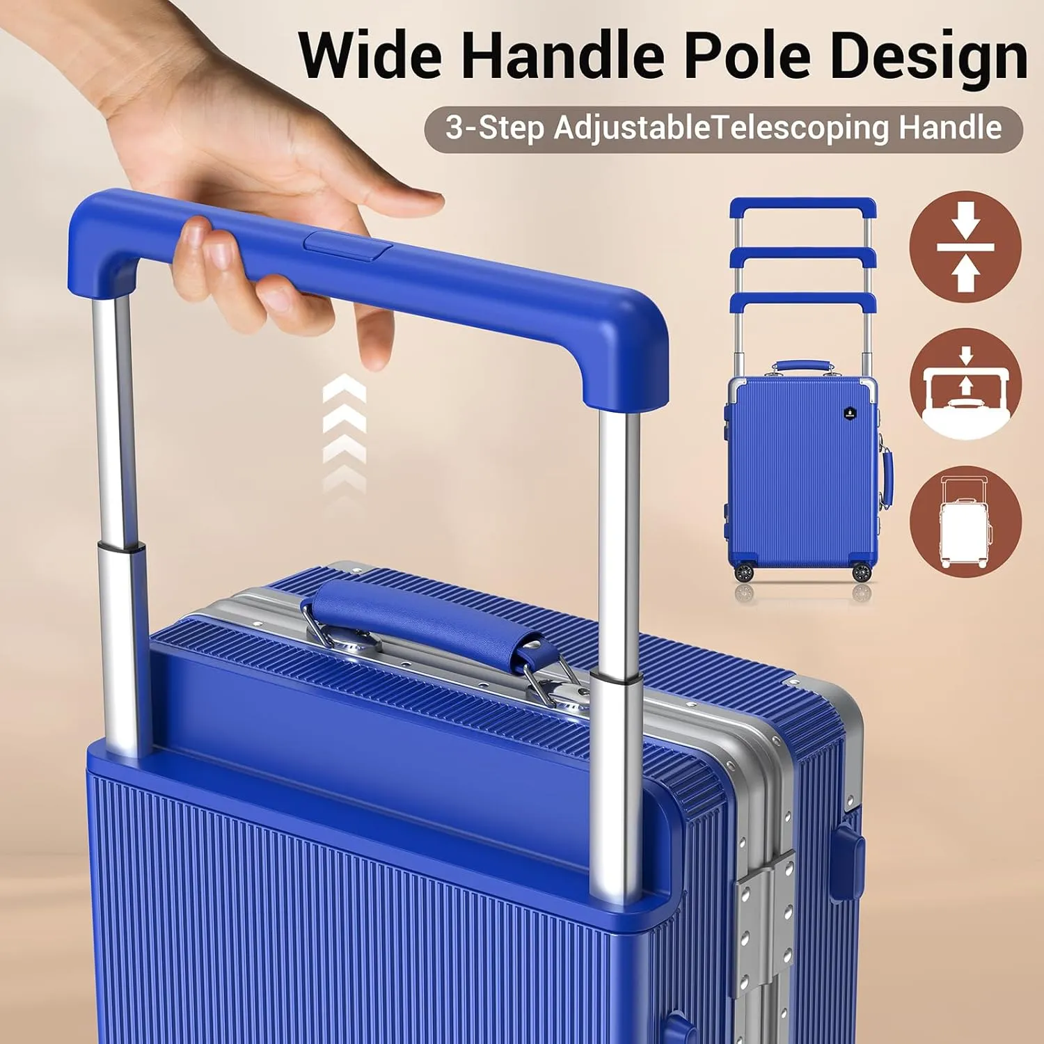 Fashion Carry-on Luggage 20 inch, Wide Handle Pull Rod Airline Approved Aluminum Framed Travel Suitcase, Graceful Lines Design You’ll Be the Focus in a Second. (02-KleinBlue)