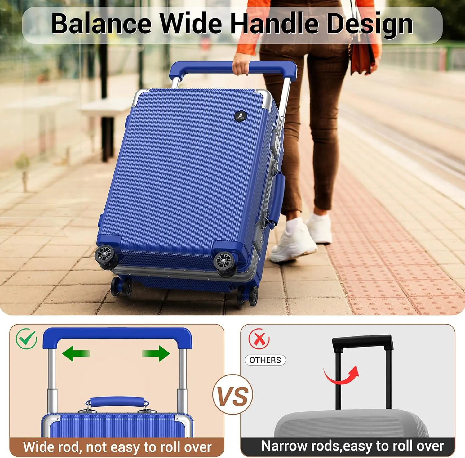 Fashion Carry-on Luggage 20 inch, Wide Handle Pull Rod Airline Approved Aluminum Framed Travel Suitcase, Graceful Lines Design You’ll Be the Focus in a Second. (02-KleinBlue)