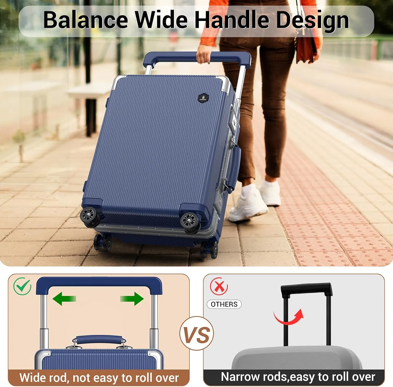 Fashion Carry-on Luggage 20 inch, Wide Handle Pull Rod Airline Approved Aluminum Framed Travel Suitcase, Graceful Lines Design You’ll Be the Focus in a Second. (02-MatteBlue)