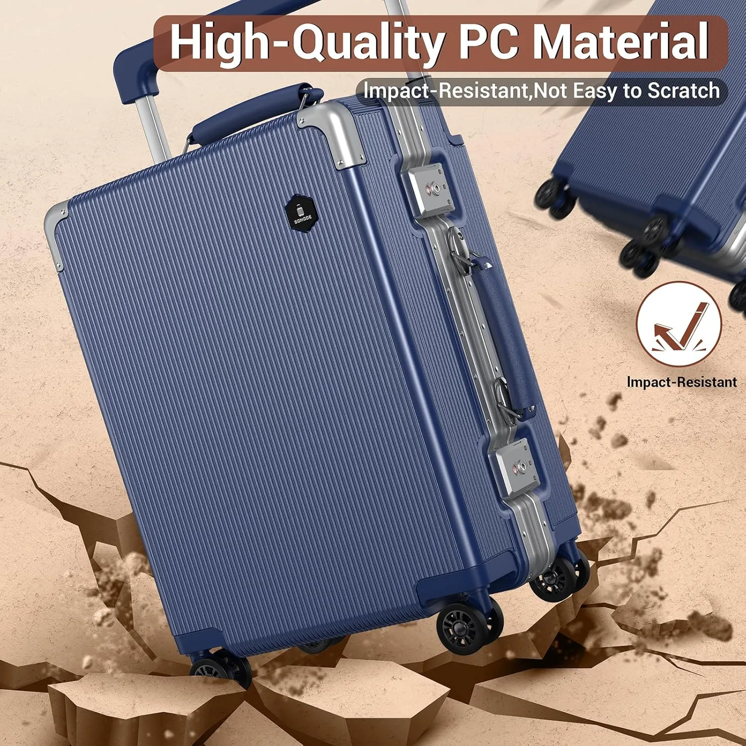 Fashion Carry-on Luggage 20 inch, Wide Handle Pull Rod Airline Approved Aluminum Framed Travel Suitcase, Graceful Lines Design You’ll Be the Focus in a Second. (02-MatteBlue)