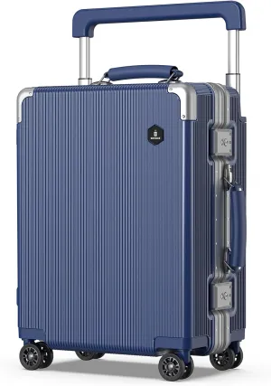 Fashion Carry-on Luggage 20 inch, Wide Handle Pull Rod Airline Approved Aluminum Framed Travel Suitcase, Graceful Lines Design You’ll Be the Focus in a Second. (02-MatteBlue)