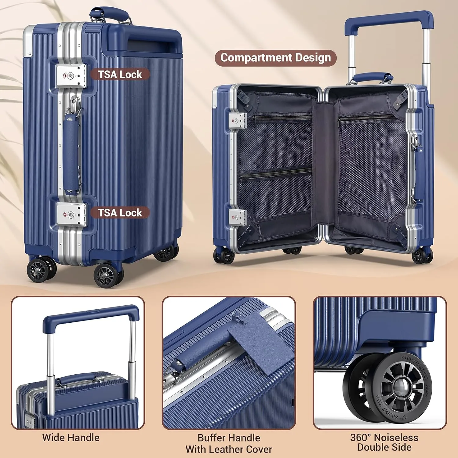 Fashion Carry-on Luggage 20 inch, Wide Handle Pull Rod Airline Approved Aluminum Framed Travel Suitcase, Graceful Lines Design You’ll Be the Focus in a Second. (02-MatteBlue)