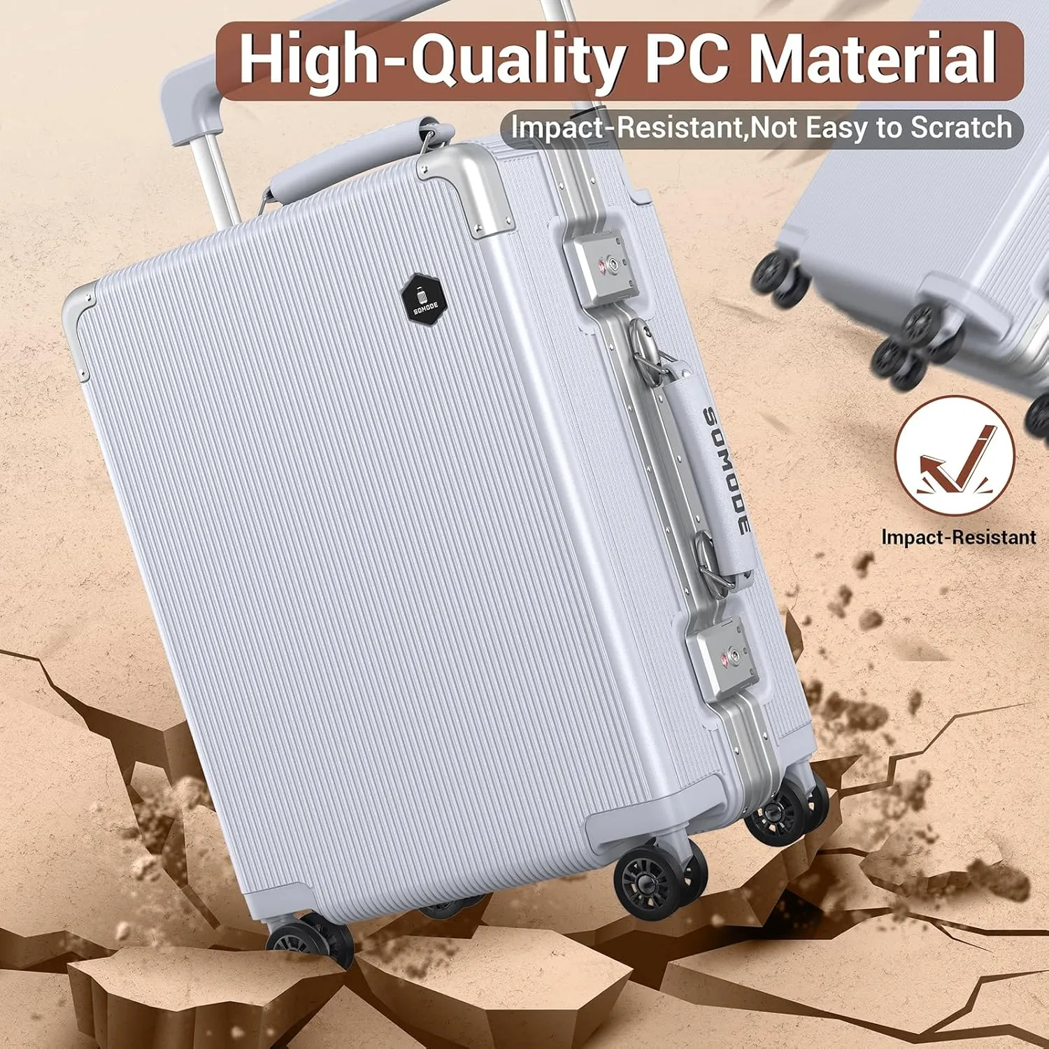 Fashion Carry-on Luggage 20 inch, Wide Handle Pull Rod Airline Approved Aluminum Framed Travel Suitcase, Graceful Lines Design You’ll Be the Focus in a Second. (02-SILVER)