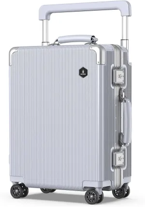 Fashion Carry-on Luggage 20 inch, Wide Handle Pull Rod Airline Approved Aluminum Framed Travel Suitcase, Graceful Lines Design You’ll Be the Focus in a Second. (02-SILVER)