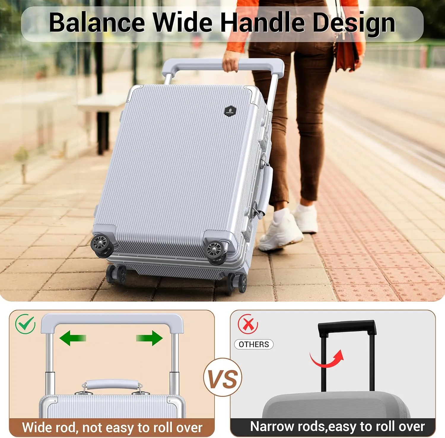 Fashion Carry-on Luggage 20 inch, Wide Handle Pull Rod Airline Approved Aluminum Framed Travel Suitcase, Graceful Lines Design You’ll Be the Focus in a Second. (02-SILVER)