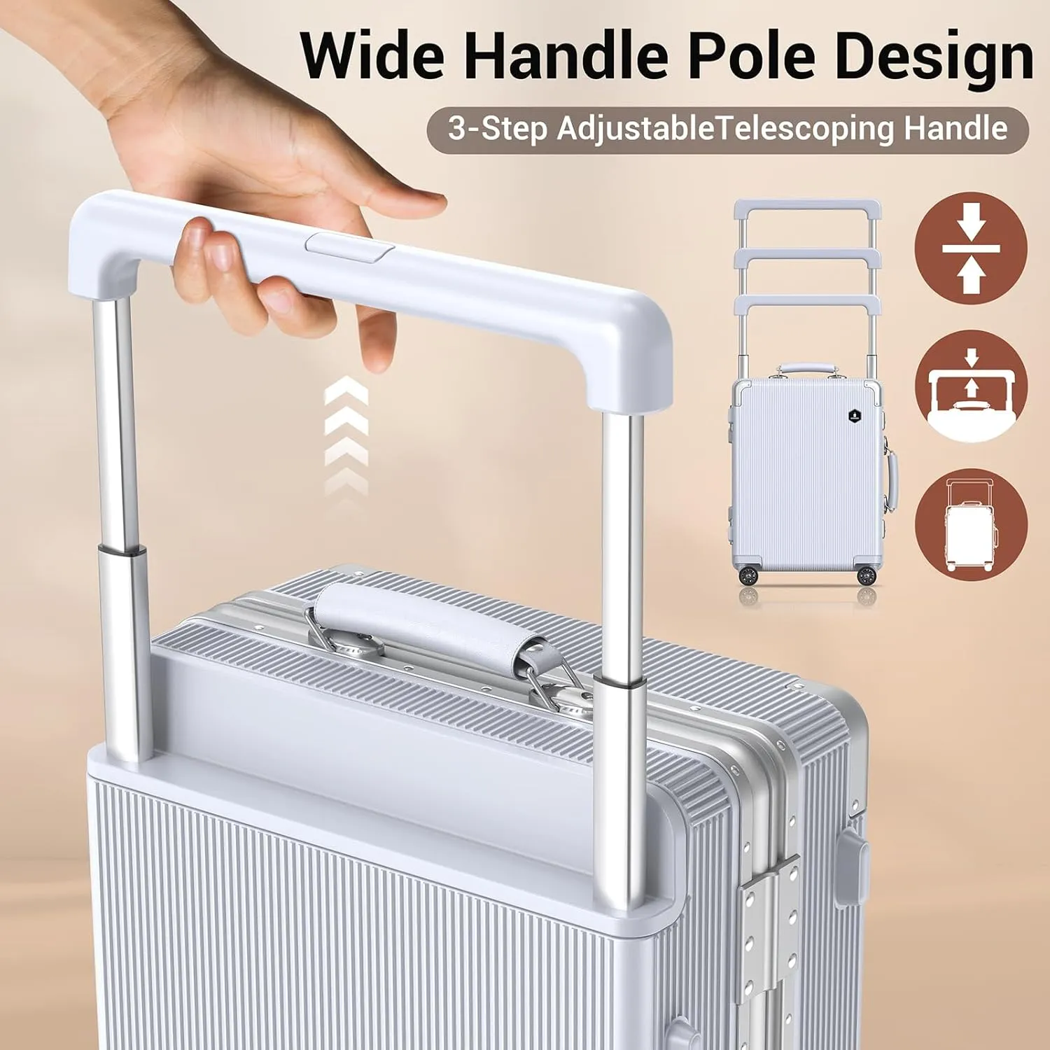 Fashion Carry-on Luggage 20 inch, Wide Handle Pull Rod Airline Approved Aluminum Framed Travel Suitcase, Graceful Lines Design You’ll Be the Focus in a Second. (02-SILVER)