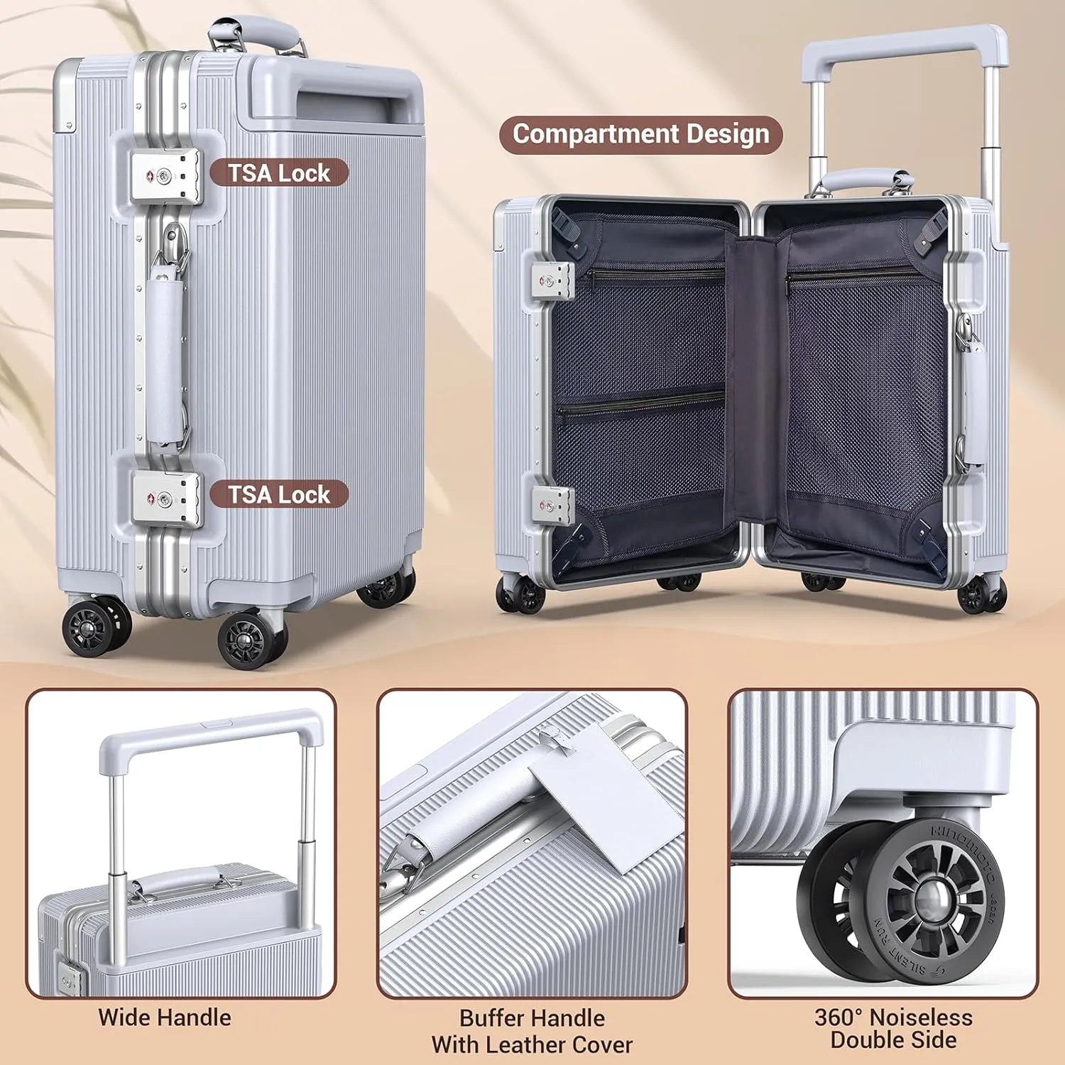 Fashion Carry-on Luggage 20 inch, Wide Handle Pull Rod Airline Approved Aluminum Framed Travel Suitcase, Graceful Lines Design You’ll Be the Focus in a Second. (02-SILVER)