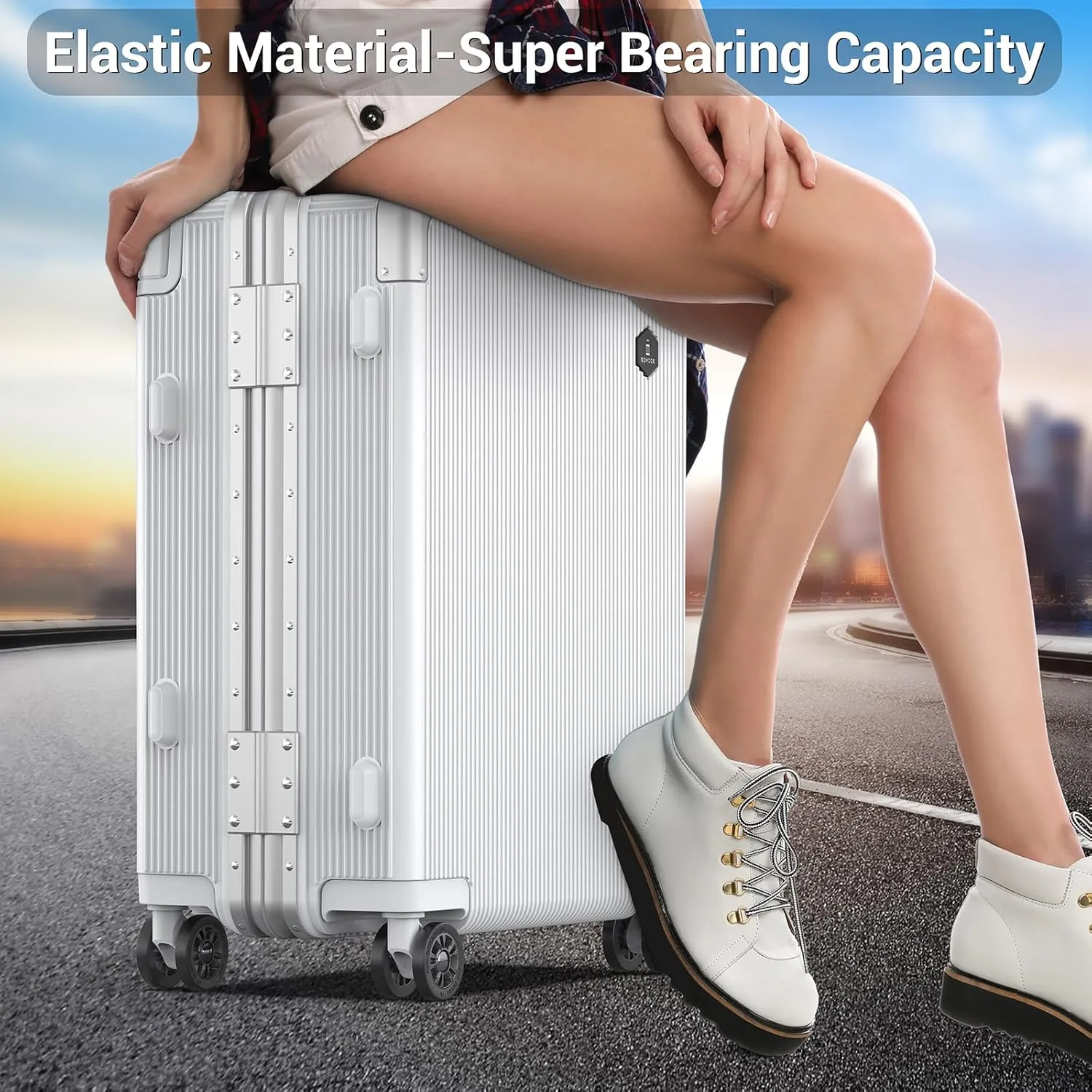Fashion Carry-on Luggage 20 inch, Wide Handle Pull Rod Airline Approved Aluminum Framed Travel Suitcase, Graceful Lines Design You’ll Be the Focus in a Second. (02-WHITE)