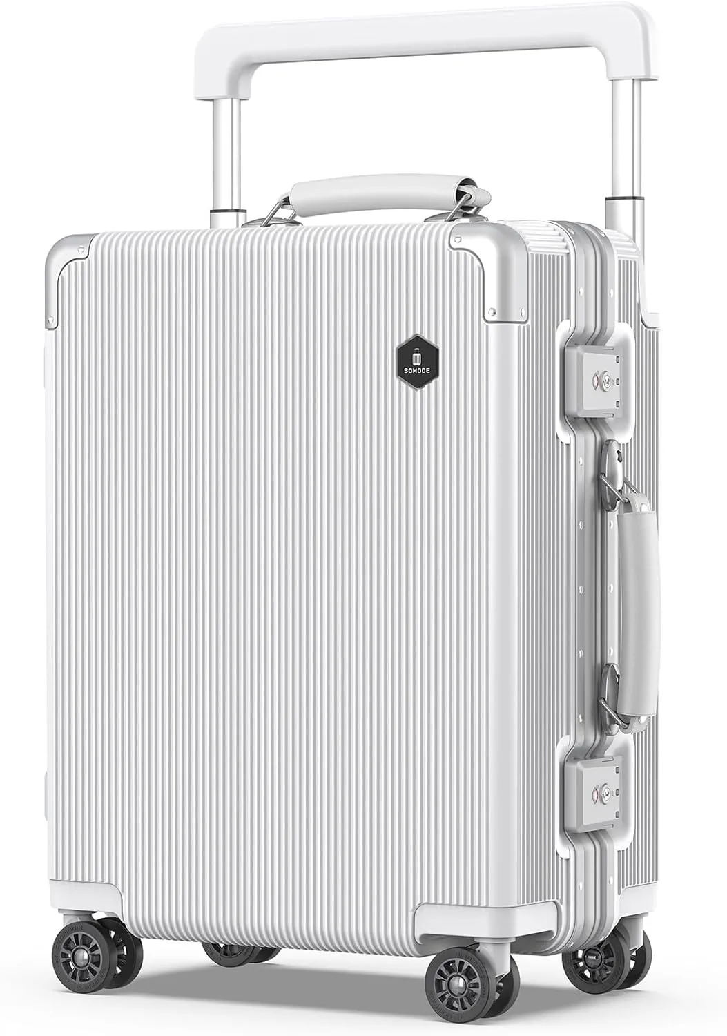 Fashion Carry-on Luggage 20 inch, Wide Handle Pull Rod Airline Approved Aluminum Framed Travel Suitcase, Graceful Lines Design You’ll Be the Focus in a Second. (02-WHITE)