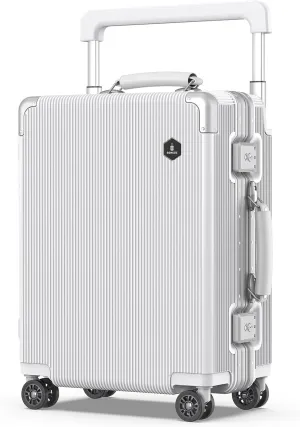 Fashion Carry-on Luggage 20 inch, Wide Handle Pull Rod Airline Approved Aluminum Framed Travel Suitcase, Graceful Lines Design You’ll Be the Focus in a Second. (02-WHITE)