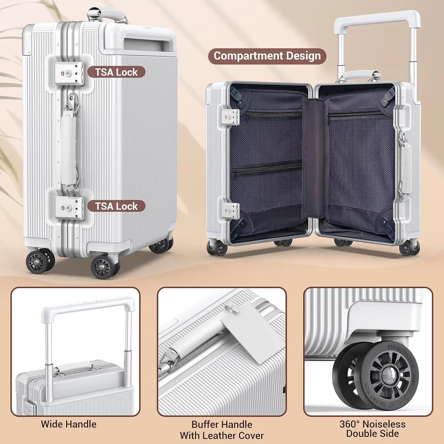 Fashion Carry-on Luggage 20 inch, Wide Handle Pull Rod Airline Approved Aluminum Framed Travel Suitcase, Graceful Lines Design You’ll Be the Focus in a Second. (02-WHITE)