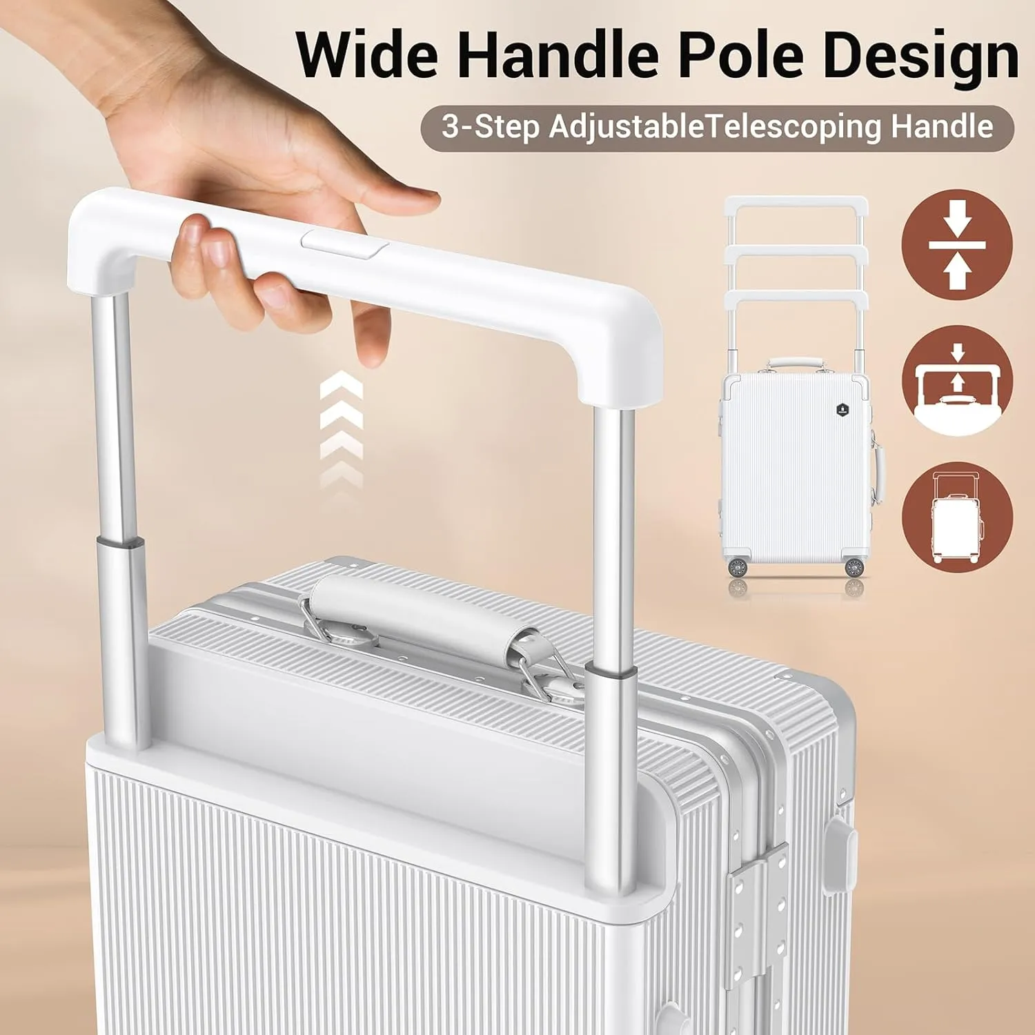 Fashion Carry-on Luggage 20 inch, Wide Handle Pull Rod Airline Approved Aluminum Framed Travel Suitcase, Graceful Lines Design You’ll Be the Focus in a Second. (02-WHITE)