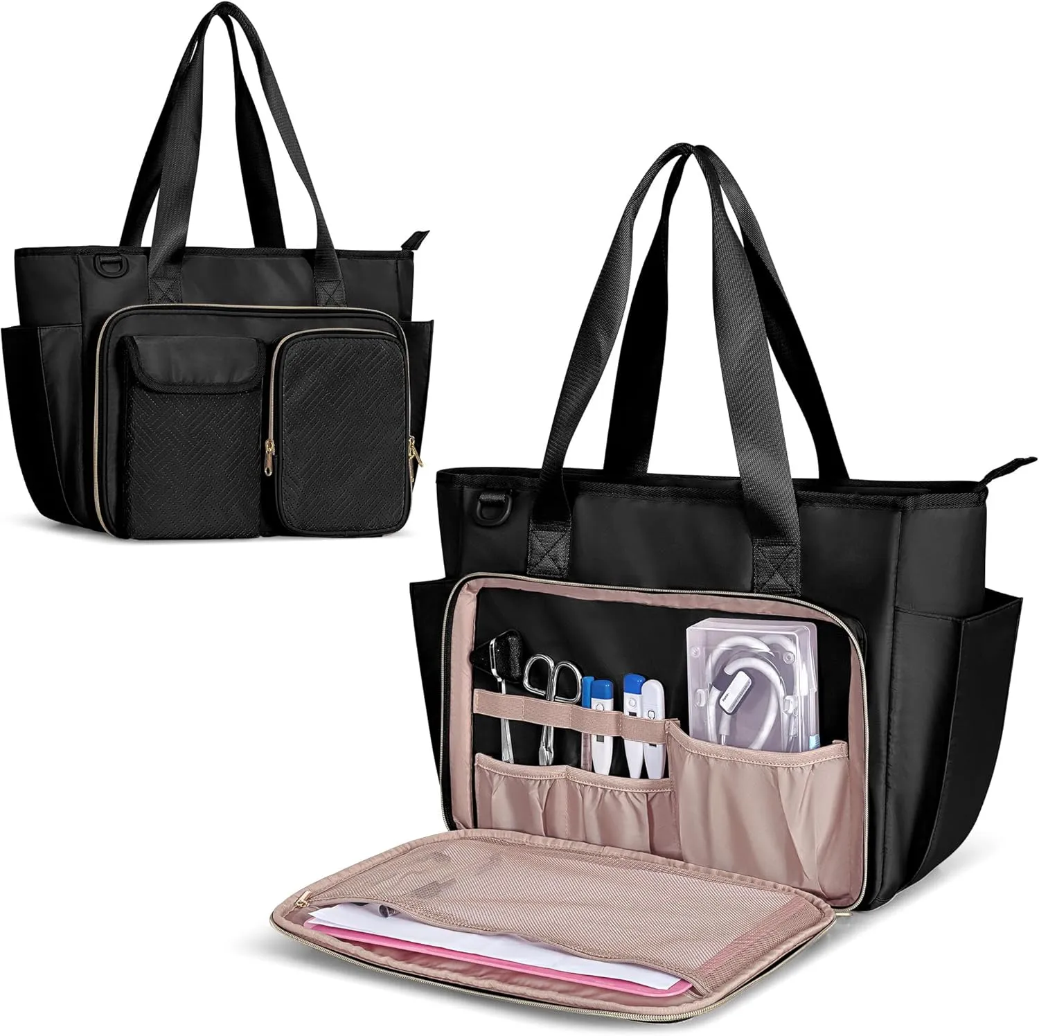 Fasrom Nurse Bag for Work with 15.6 Inches Laptop Sleeve, Medical Bag Tote to Hold Nursing Clinical Essentials for Home Health Nurses, Black(Patent Design, Empty Bag Only)