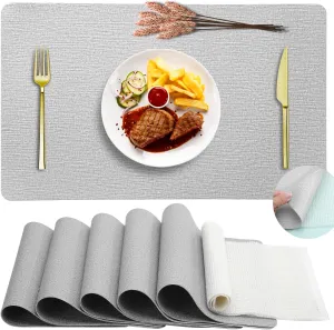 Faux Leather Thick Wipeable Waterproof Placemats Set of 6, Heat Resistant Place mats with 6 Mats, Washable Oil-Proof Placemats, Farmhouse Wrinkle Free Kitchen Dining Table Mats (Grey)