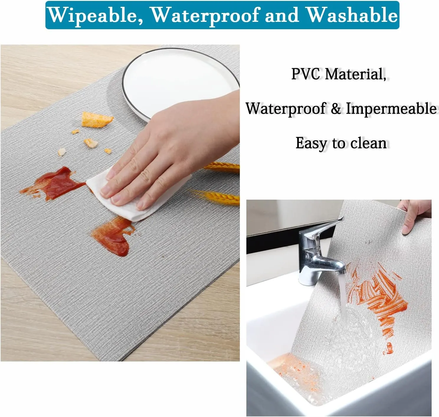Faux Leather Thick Wipeable Waterproof Placemats Set of 6, Heat Resistant Place mats with 6 Mats, Washable Oil-Proof Placemats, Farmhouse Wrinkle Free Kitchen Dining Table Mats (Grey)