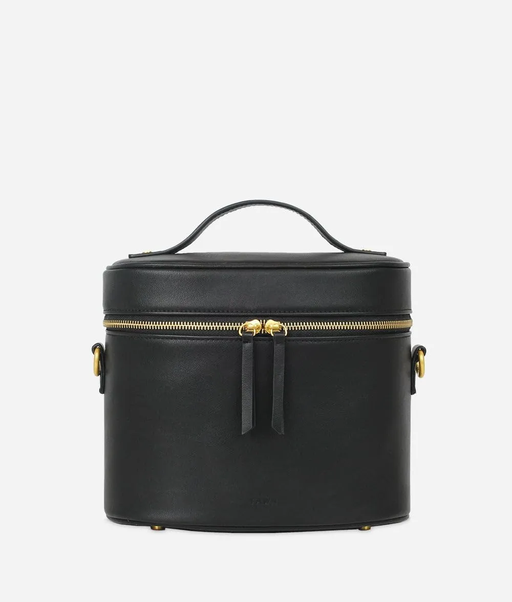 FAWN DESIGN The Train Case, Faux Leather Skin Care Black Makeup Bag with Adjustable Messenger Strap, Travel Toiletry Bag 4 Elastic Band Holders, 5 Interior Pockets and 1 Zipper Pocket, 10x6x8 inches