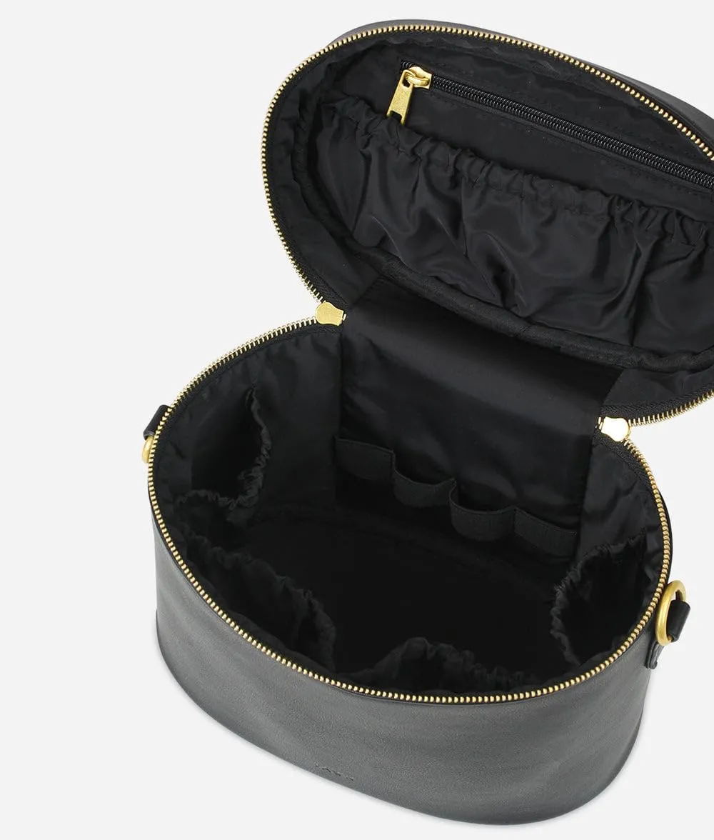 FAWN DESIGN The Train Case, Faux Leather Skin Care Black Makeup Bag with Adjustable Messenger Strap, Travel Toiletry Bag 4 Elastic Band Holders, 5 Interior Pockets and 1 Zipper Pocket, 10x6x8 inches