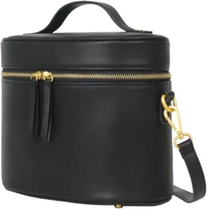 FAWN DESIGN The Train Case, Faux Leather Skin Care Black Makeup Bag with Adjustable Messenger Strap, Travel Toiletry Bag 4 Elastic Band Holders, 5 Interior Pockets and 1 Zipper Pocket, 10x6x8 inches