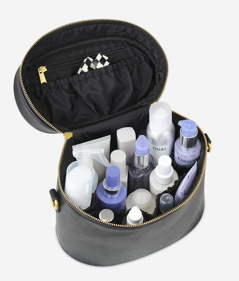 FAWN DESIGN The Train Case, Faux Leather Skin Care Black Makeup Bag with Adjustable Messenger Strap, Travel Toiletry Bag 4 Elastic Band Holders, 5 Interior Pockets and 1 Zipper Pocket, 10x6x8 inches