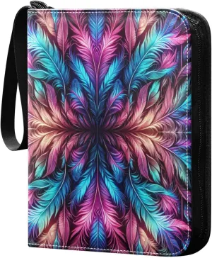Feathers Colorful Pattern Card Binder 4 Pocket Trading Card Album Fits 400 Sports/Game Cards, PU Cover 3 Ring Card Collection with 50 Removable Sleeves